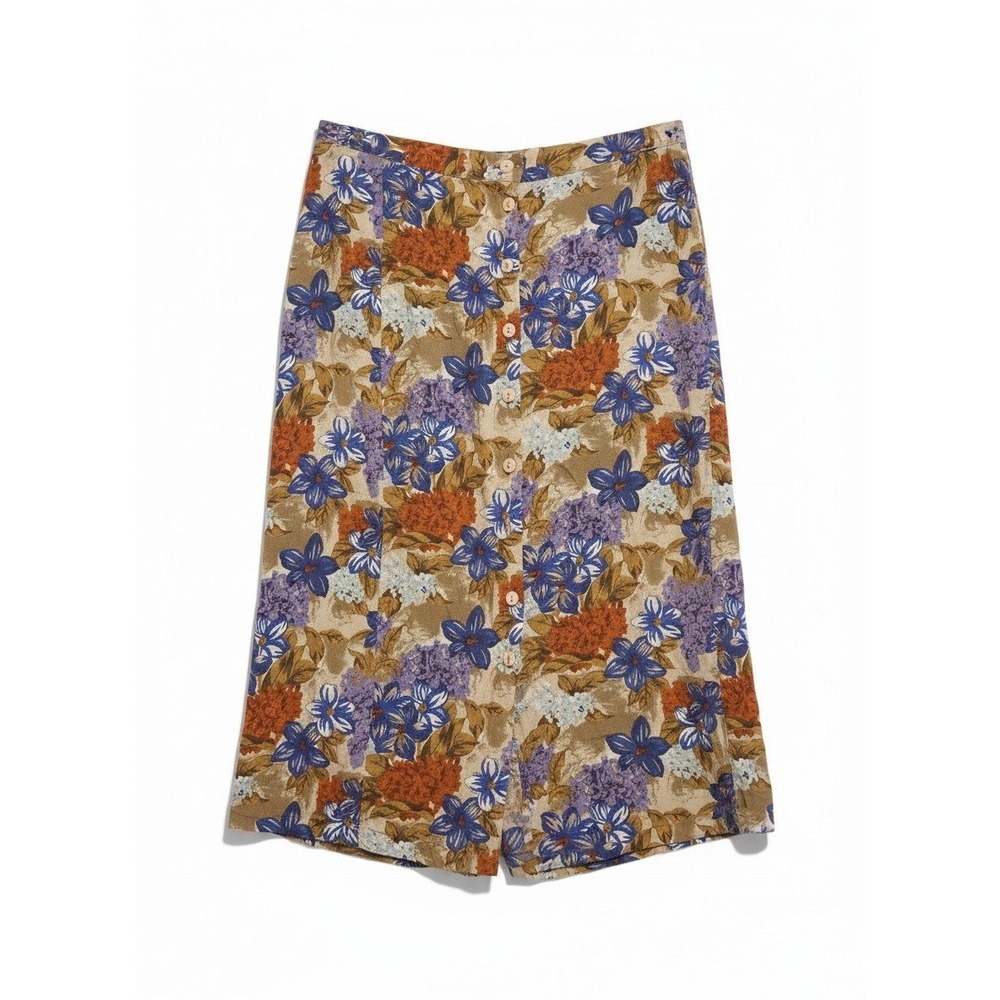Floral Button Front Midi Skirt, Tan Blue Orange High Waist, Elastic Back Vintage